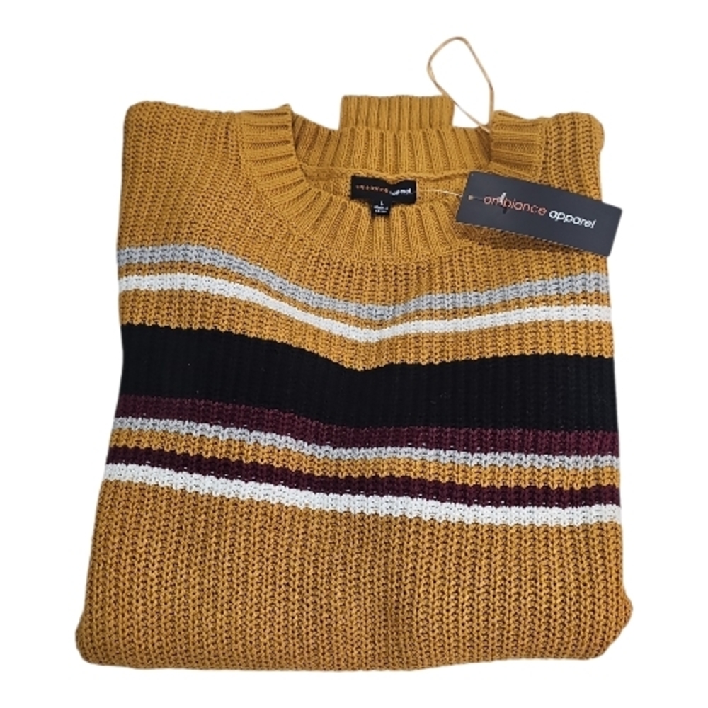 Ambiance‎ Apparel Mustard Striped Crewneck Sweater New Sz L